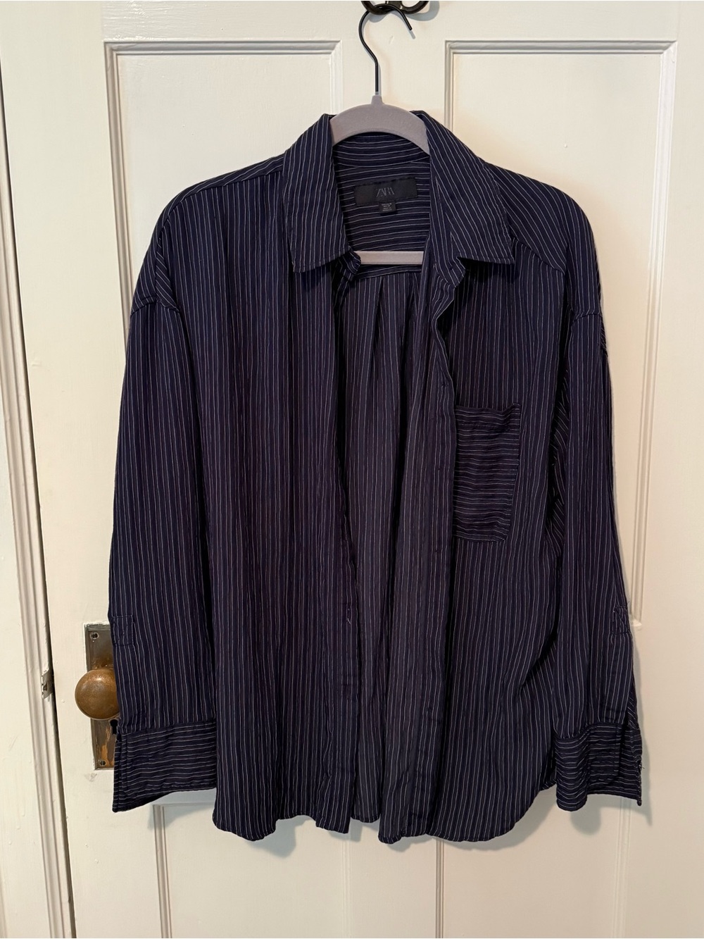 Zara Women’s Navy Pinstripe Button Up Shirt